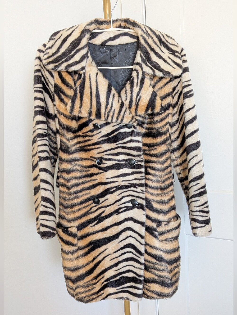 Vtg 60s/70s Russel Taylor Tiger Print Faux Fur Coat Double Breasted